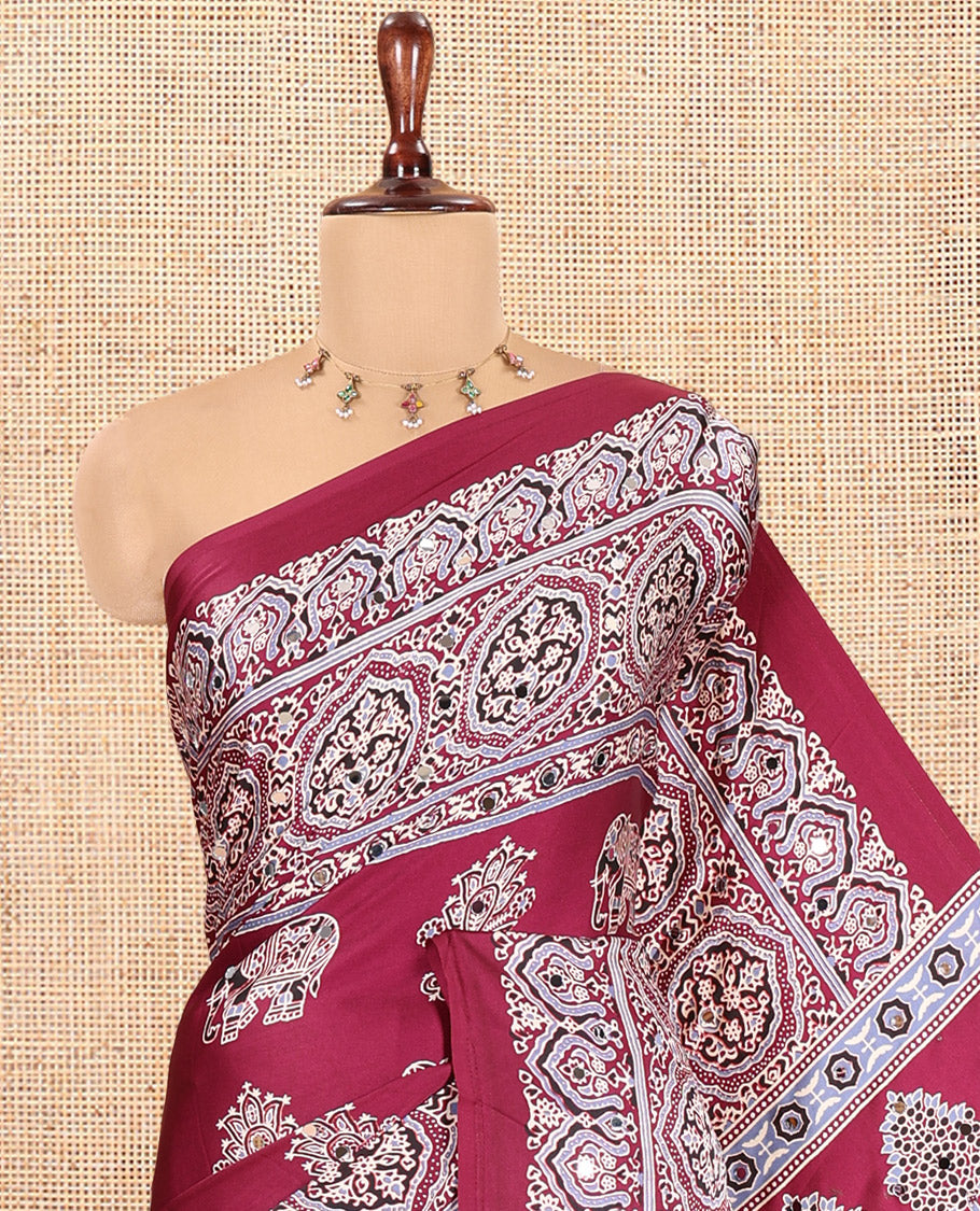 Wine Satin Crepe Saree, Adorned with Ajrakh and Elephant Print, Intricately Printed Border, a Matching Blouse