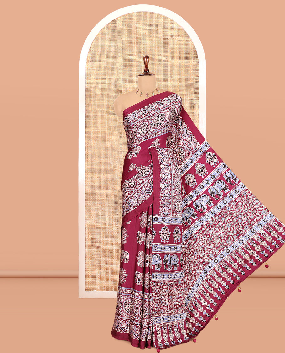 Wine Satin Crepe Saree, Adorned with Ajrakh and Elephant Print, Intricately Printed Border, a Matching Blouse