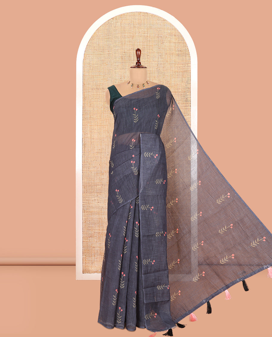 Borderless Black-Baby Pink Linen Cotton Saree