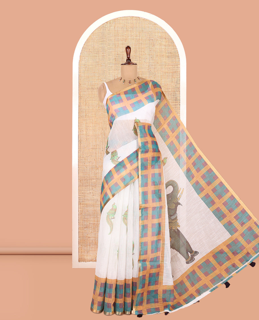 White-Orange Linen Cotton Saree