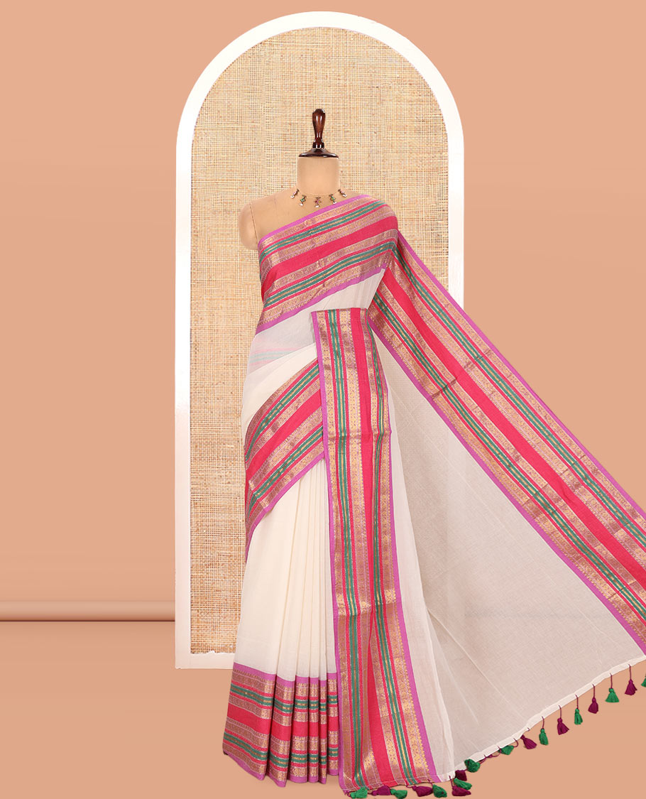Cream-Lavender Plain Khadi Mul Cotton Saree