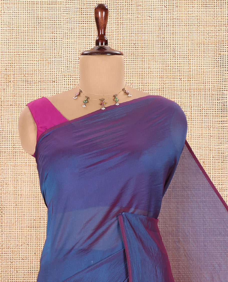 Borderless Blue-Violet Plain Fendi Chiffon Saree