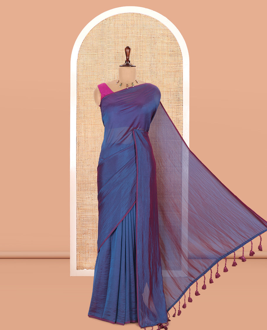 Borderless Blue-Violet Plain Fendi Chiffon Saree