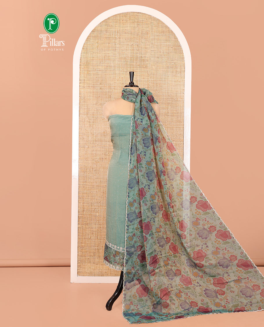 Firozi Green Moss Organza Material Chudidar Set, Gleamed Up with Stonework Top, a Plain Santoon Bottom, and Paired with Floral Print and Scallop Stonework Dupatta
