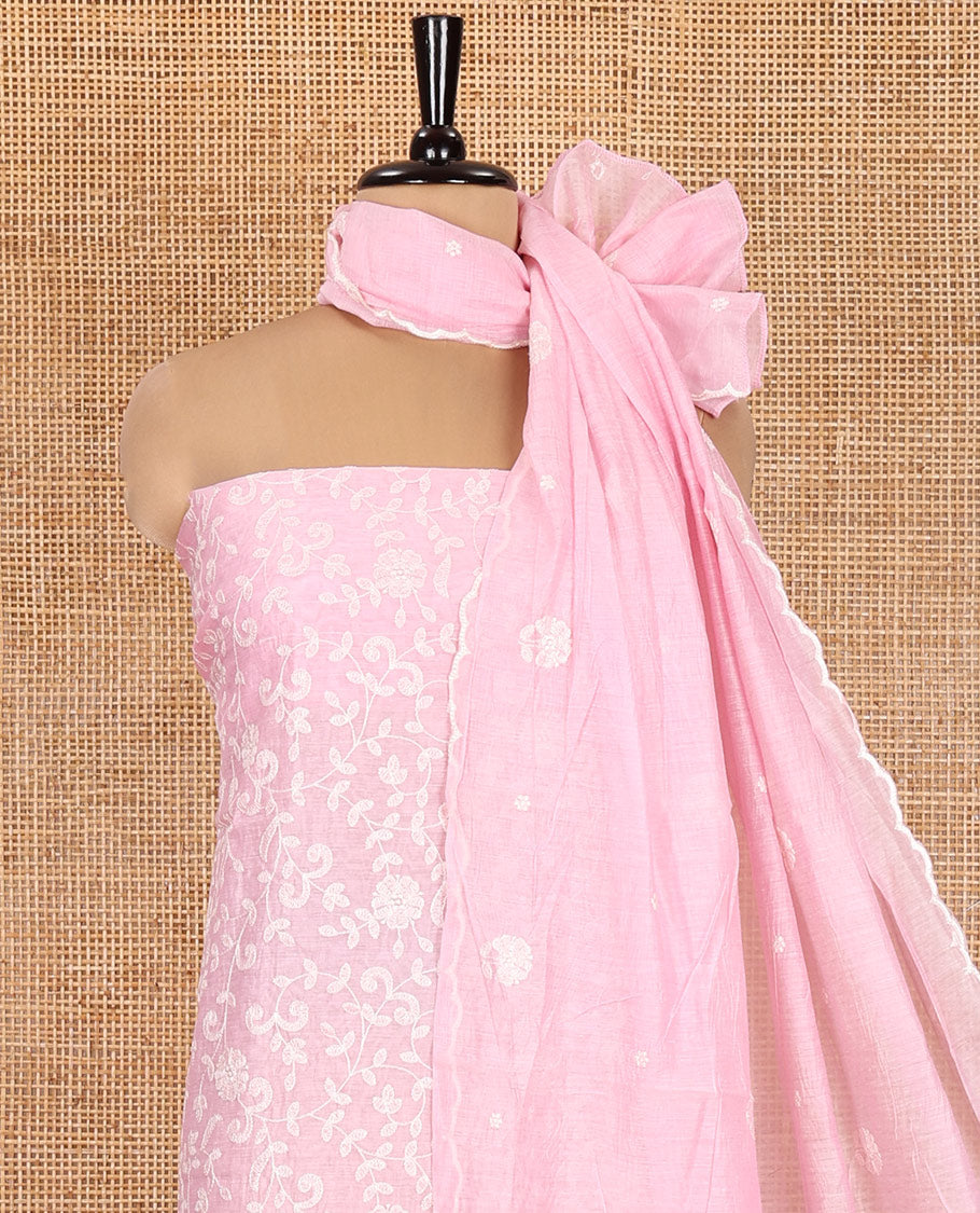 Pink Mul Chanderi Material Chudidar, Lucknowi-Style Embroidery Top, a Santoon Bottom, Scallop Embroidered Dupatta