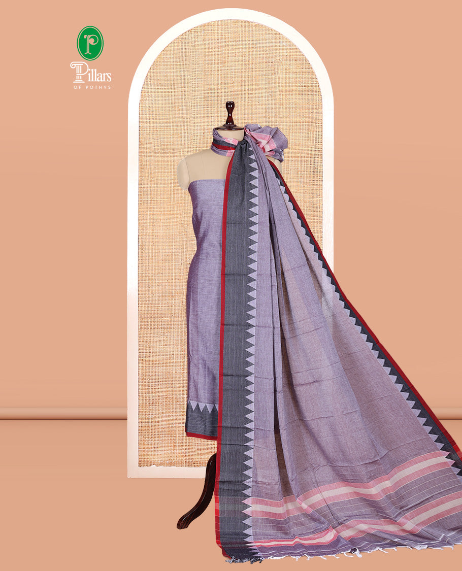 Lavender Mercerised Cotton Material Churidar Features Plain Top, Contrast Thread Temple Border, Matching Bottom, Temple Dupatta