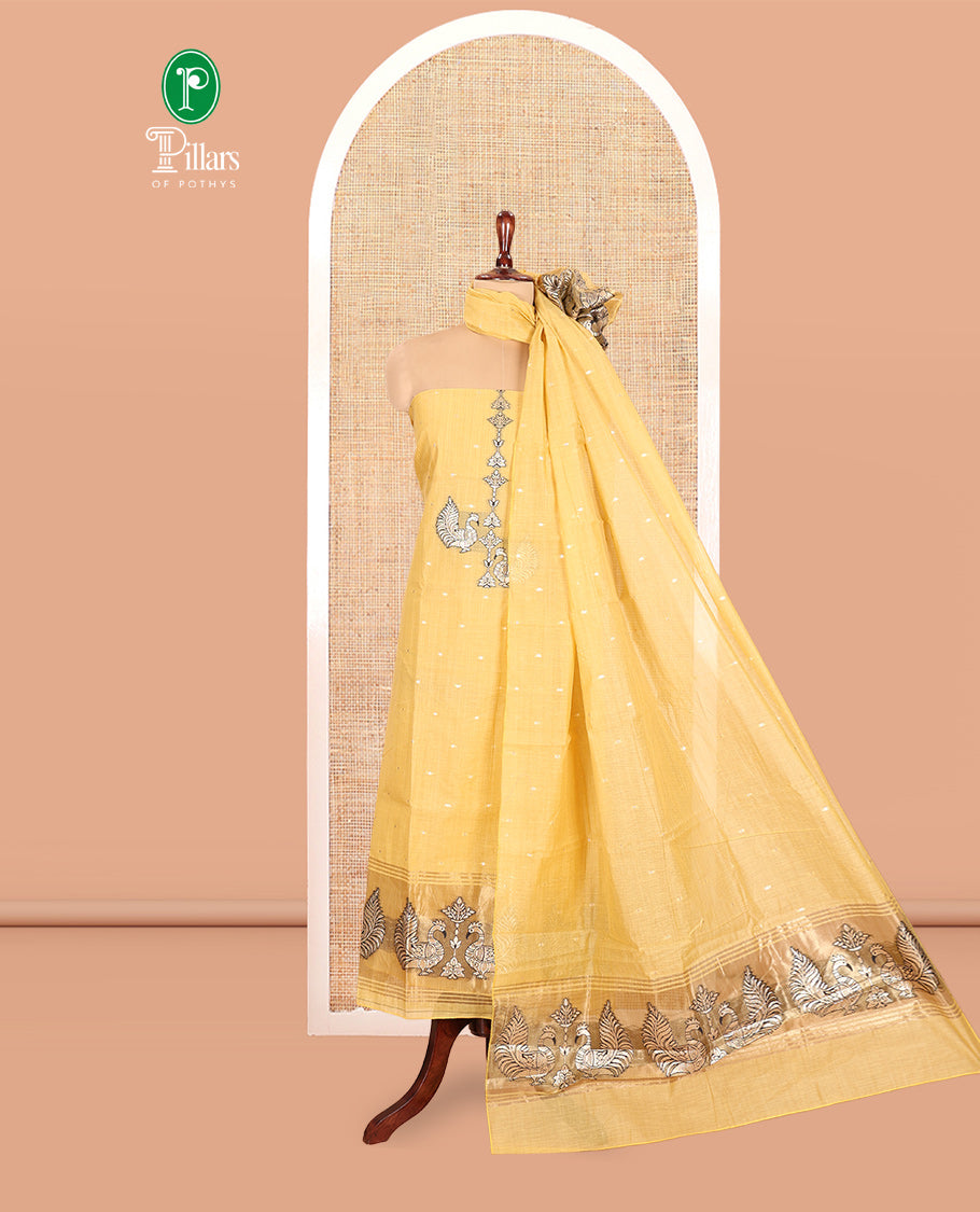 Yellow Chanderi Material Chudidar, Zari Buttas and Annam Buttas Top, Matching Bottom, Annam Buttas Dupatta