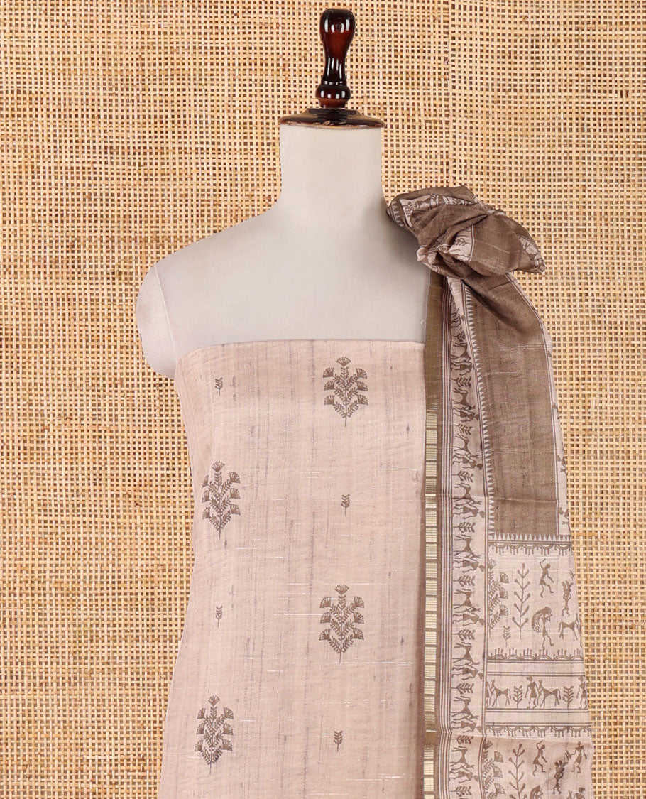 Chikku-base semi-tussar material chudidar set, floral & warli motifs top, contrast brown plain bottom & warli motifs steeped dupatta