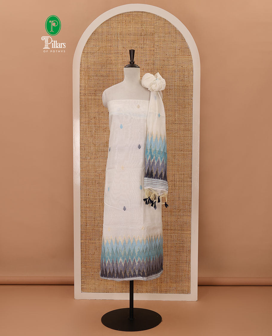 Blue material chudidar set,meena butta & ombre zig-zag print mul chanderi top,plain bottom & mul chanderi dupatta of meena butta & ombre zig-zag print