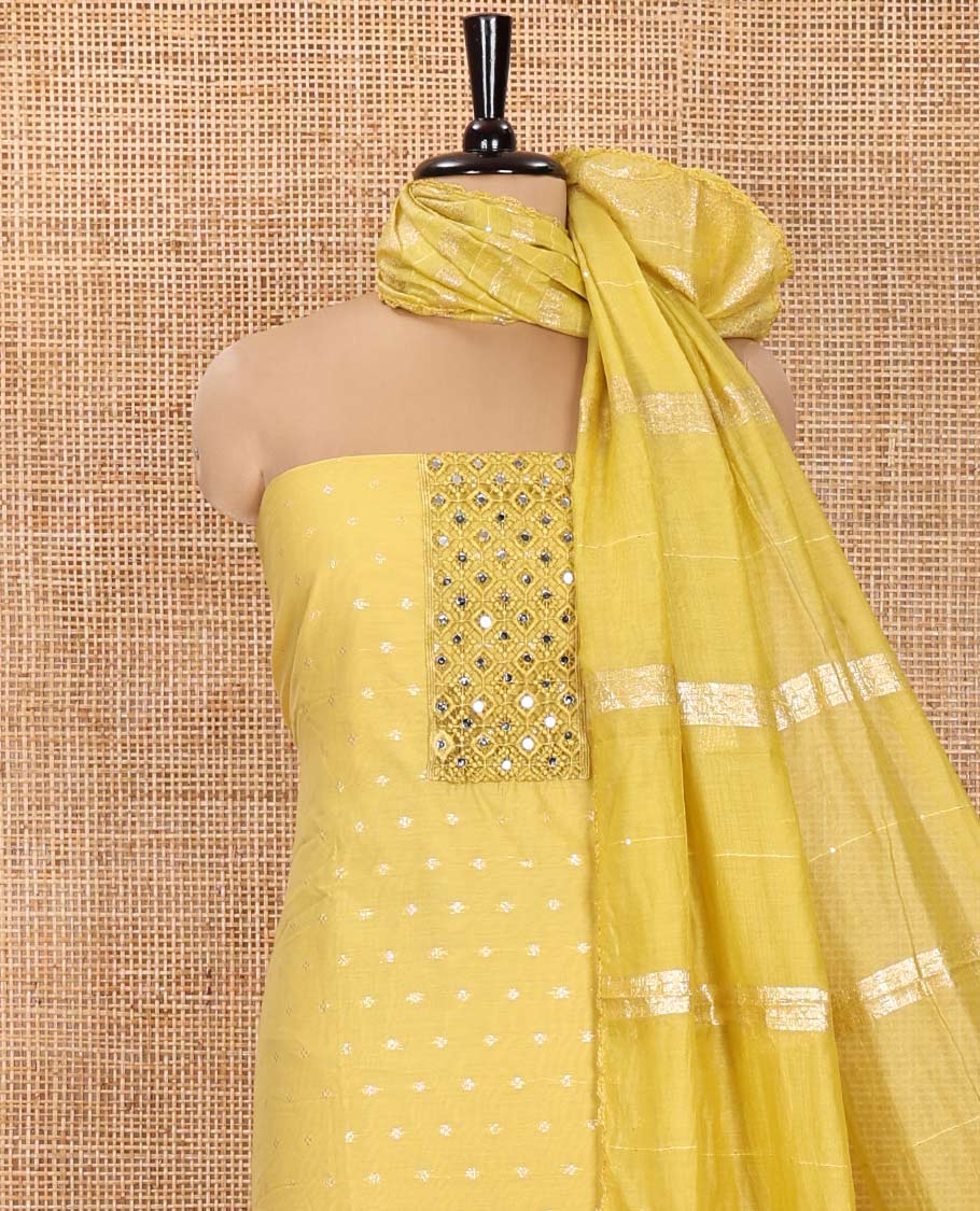 Yellow Material Churidar Set, Elevated with Zari Buttas and Crosia Lace with Mirror Work Chanderi Top, Comes with a Plain Bottom, Zari Woven Chanderi Dupatta