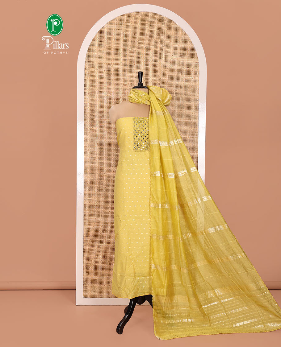 Yellow Material Churidar Set, Elevated with Zari Buttas and Crosia Lace with Mirror Work Chanderi Top, Comes with a Plain Bottom, Zari Woven Chanderi Dupatta