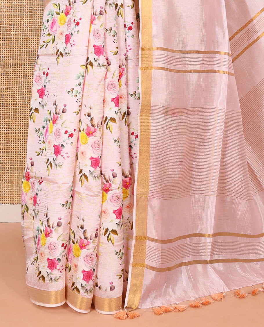 Baby pink colorful rose floral motifs digital printed banana pith saree, piping border, striped pallu, and floral printed blouse
