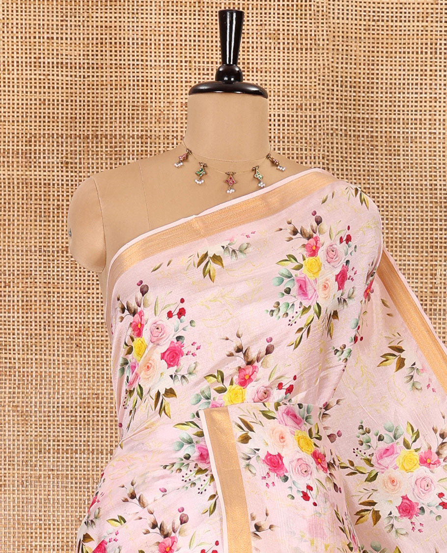 Baby pink colorful rose floral motifs digital printed banana pith saree, piping border, striped pallu, and floral printed blouse