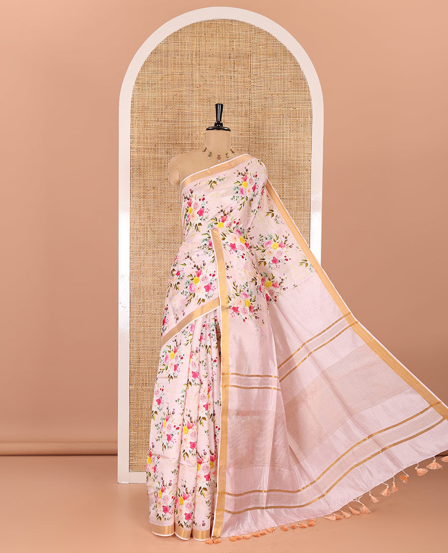 Baby pink colorful rose floral motifs digital printed banana pith saree, piping border, striped pallu, and floral printed blouse