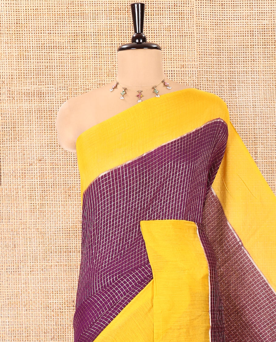 Purple Assam Silk Saree, Embellished with Zari Checked Design on Its Body, Complemented by Contrast Border, Pallu Steeped with Gleaming Zari Stripes, and Paired with a Contrast Blouse