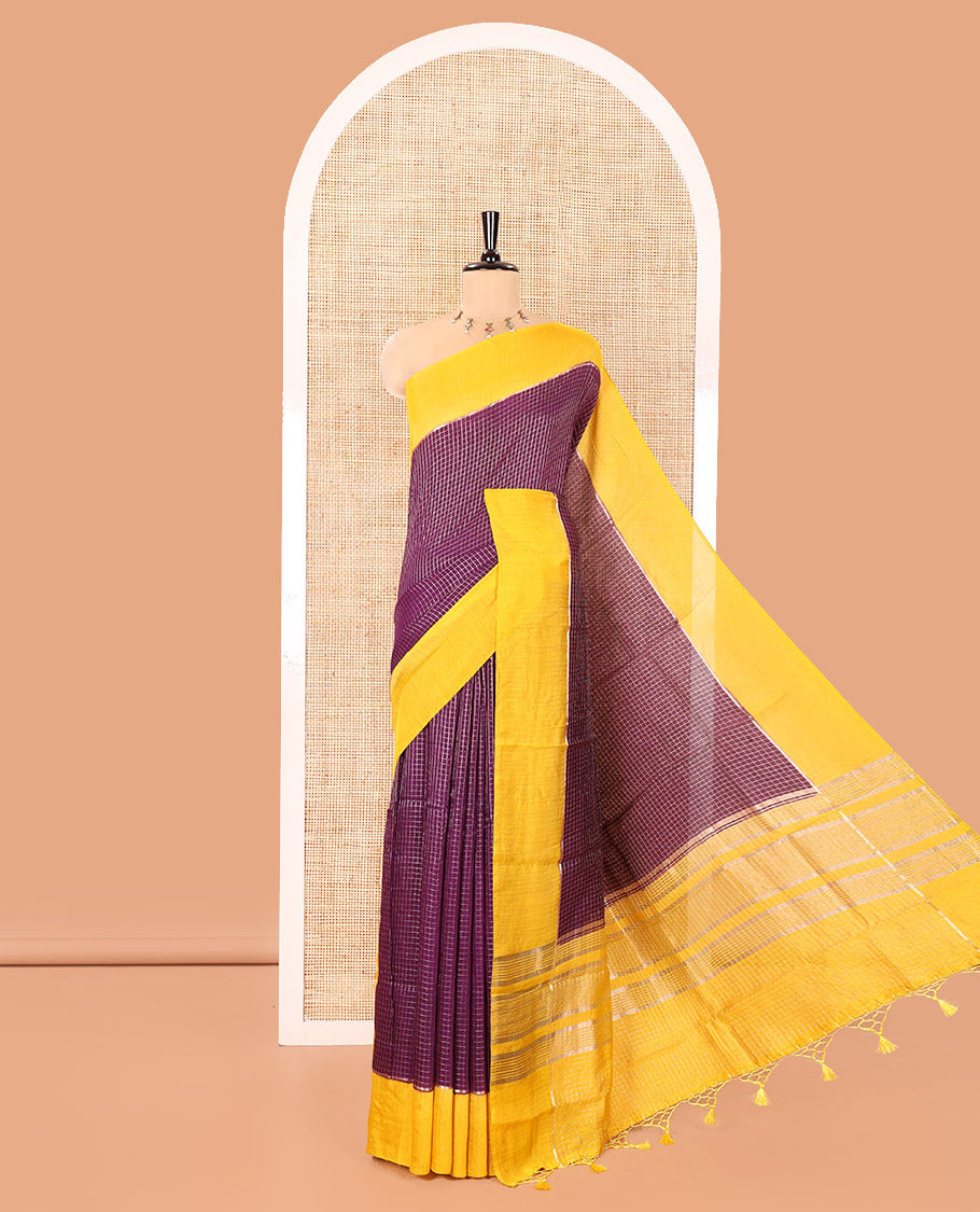 Purple Assam Silk Saree, Embellished with Zari Checked Design on Its Body, Complemented by Contrast Border, Pallu Steeped with Gleaming Zari Stripes, and Paired with a Contrast Blouse