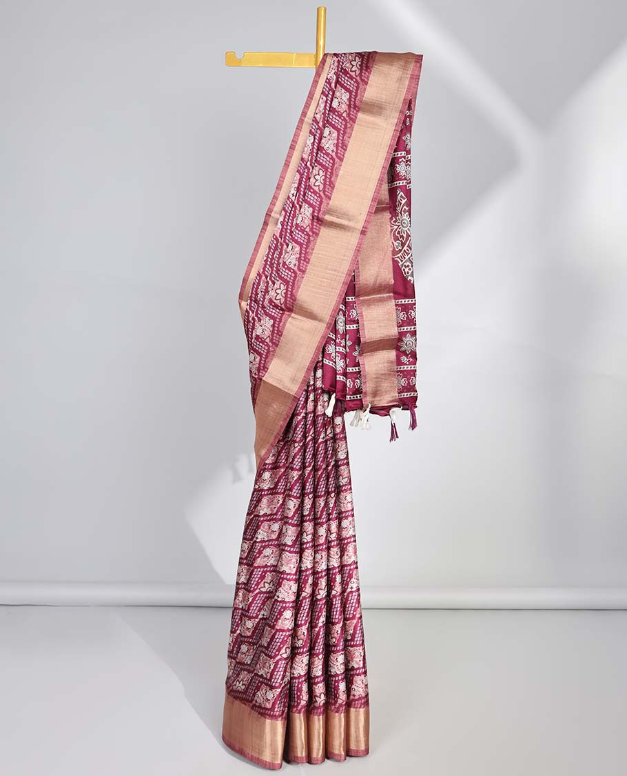 Pink argyle design semi-banaras printed saree with contrast zari border & floral motifs pallu