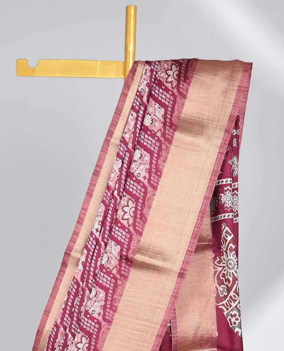 Pink argyle design semi-banaras printed saree with contrast zari border & floral motifs pallu