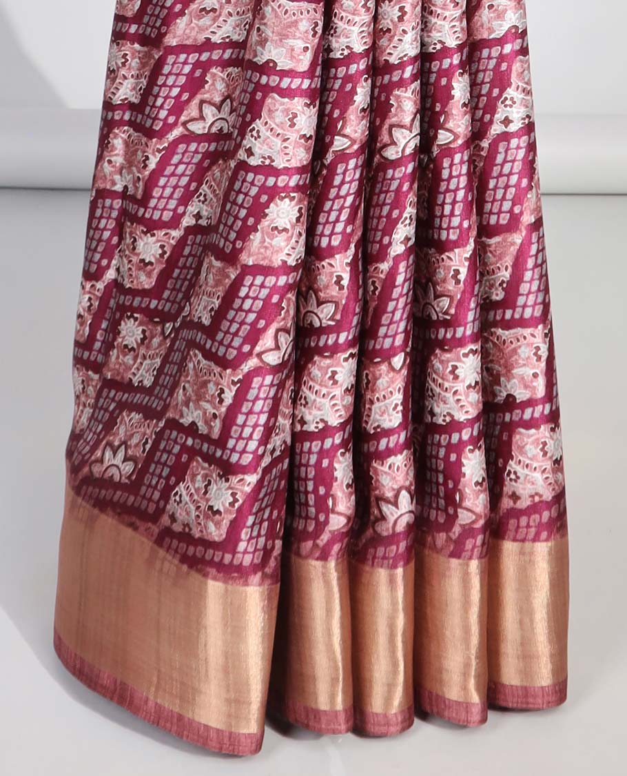 Pink argyle design semi-banaras printed saree with contrast zari border & floral motifs pallu
