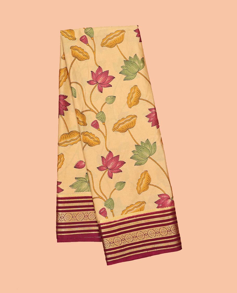 Sandal pichwai-style floral vine printed semi-banaras printed saree, contrast traditional design border & striped pallu