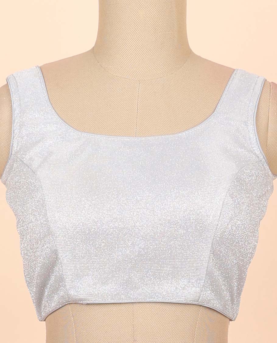 Grey striped zari design front & back deep round-neck raw-silk readymade sleeveless blouse