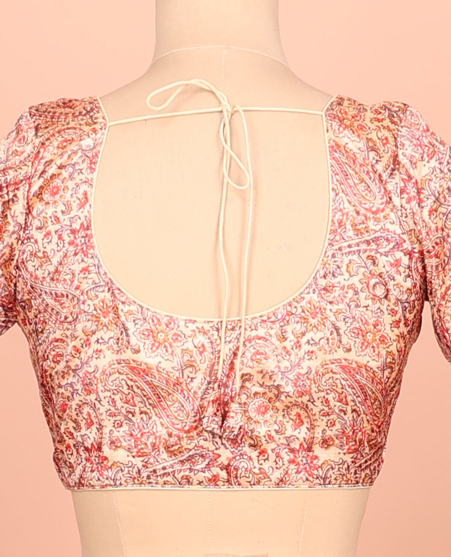 Pale orange paisleys printed front-back round-neck elbow sleeve readymade blouse