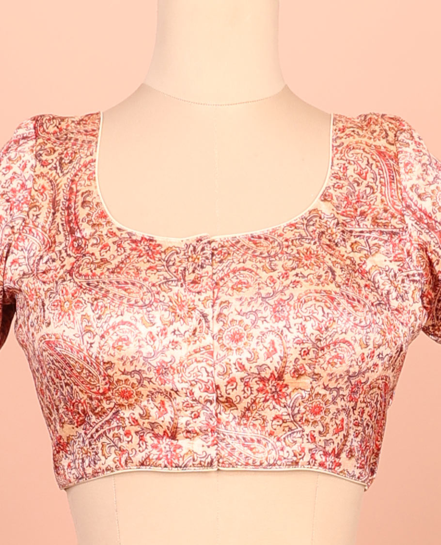 Pale orange paisleys printed front-back round-neck elbow sleeve readymade blouse