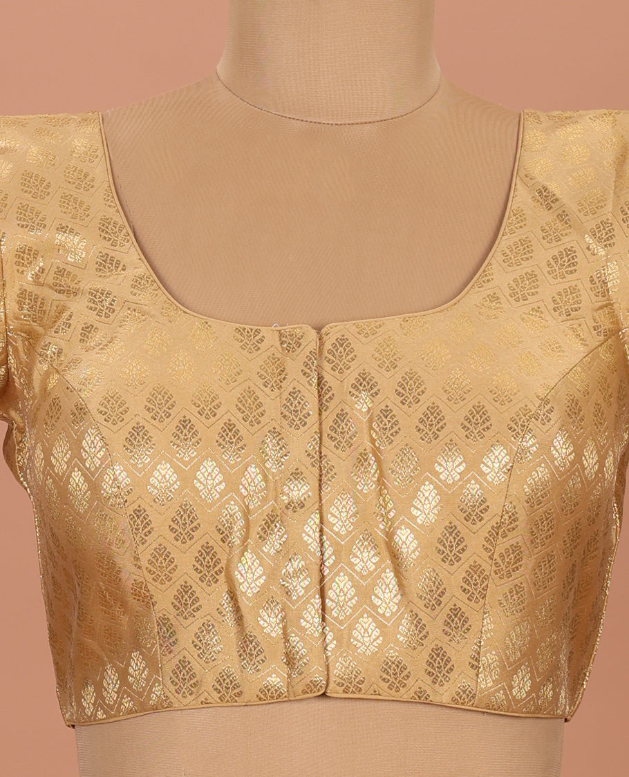 Gold buttas and chevron striped front-back round neck elbow-sleeve readymade blouse