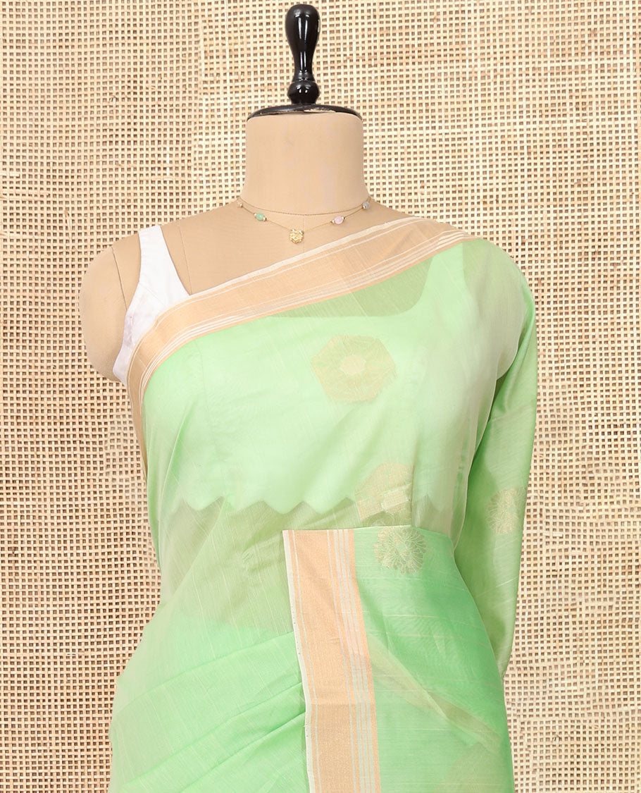 Light Pista Green Silk Cotton Saree, Subtly Sparkled with Zari Buttas, Contrast Zari Border, Intricate Pallu, and a Contrast Blouse