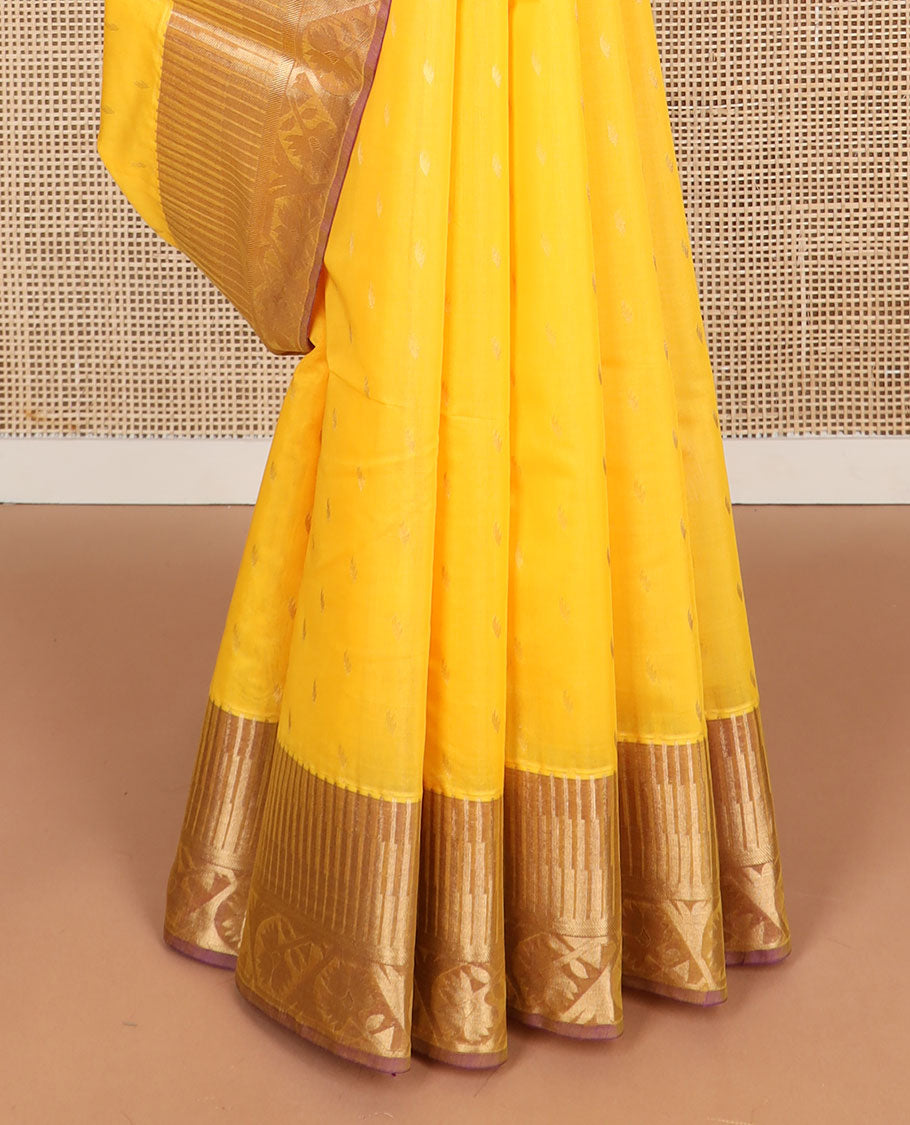 Orange silk cotton saree with contrast zari design border & geometric design pallu