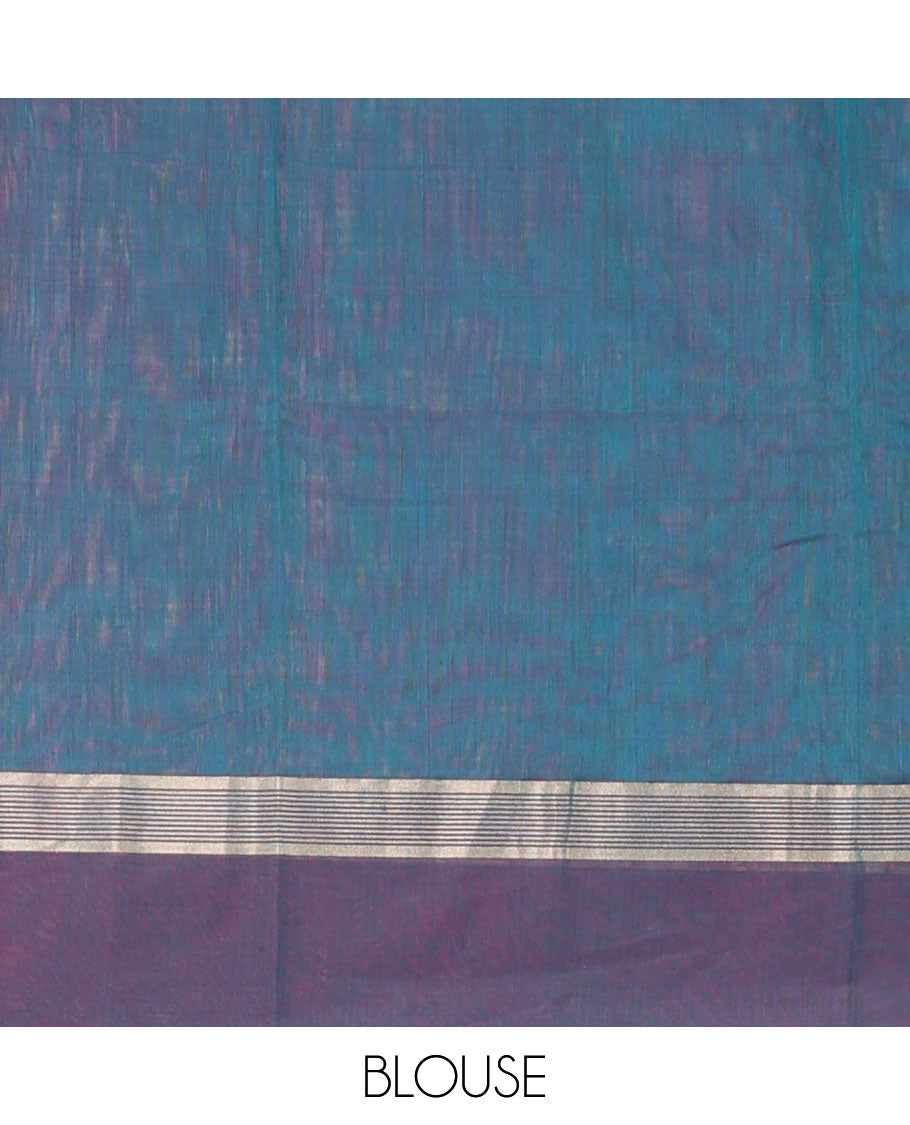 Blue plain silk cotton saree, contrast zari border, and plain pallu