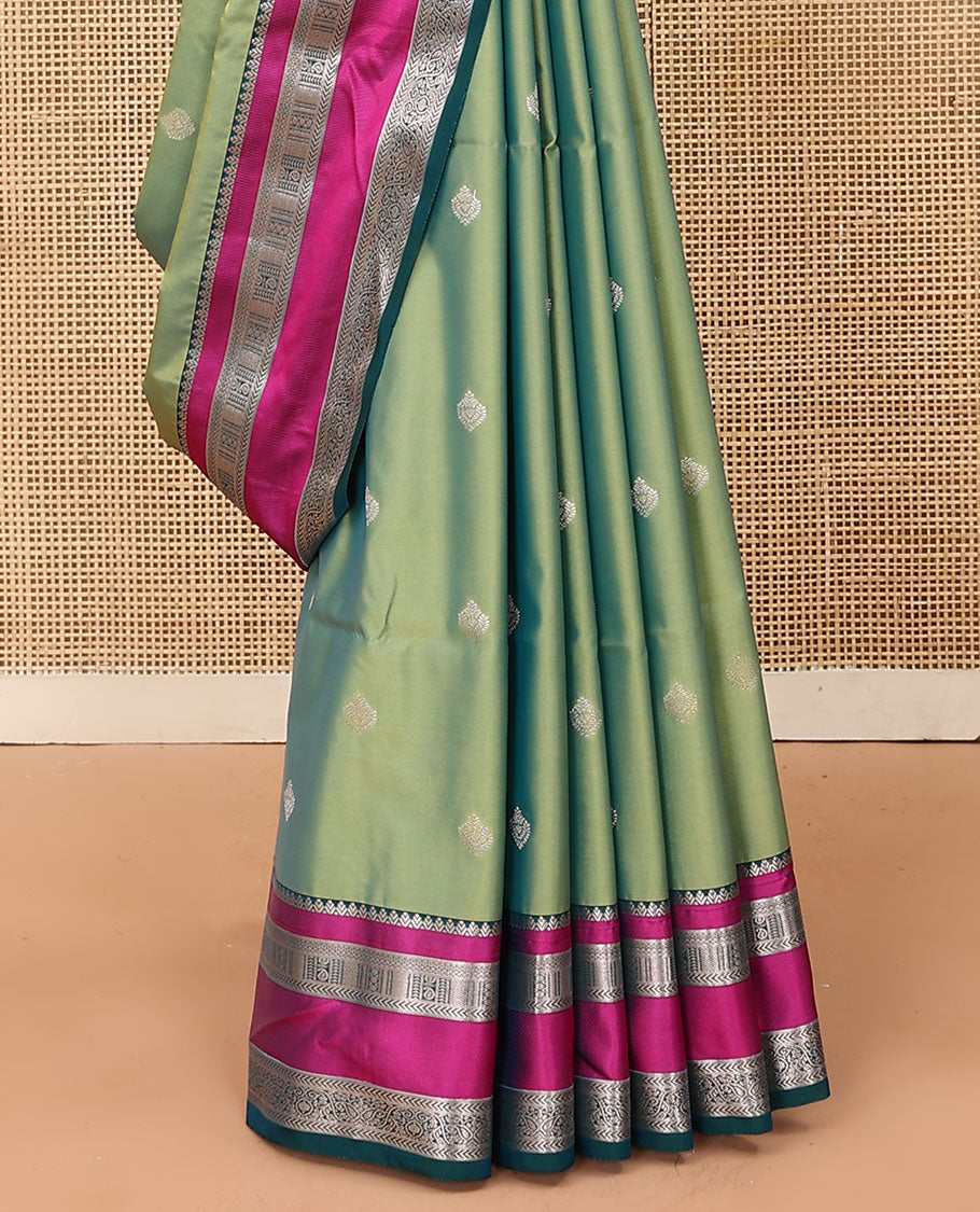 Green zari buttas soft silk saree, contrast varisai pettu traditional zari design border, and jaal pallu
