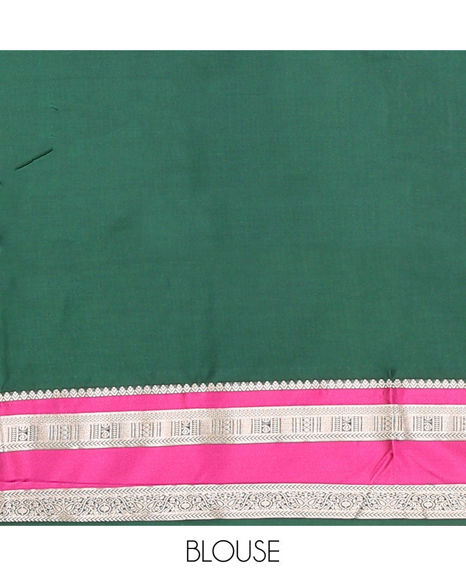 Green zari buttas soft silk saree, contrast varisai pettu traditional zari design border, and jaal pallu