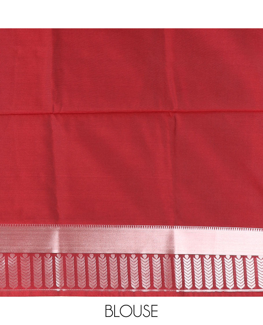 Blue zari buttas silk saree, contrast temple geometric patterned border, and jaal pallu