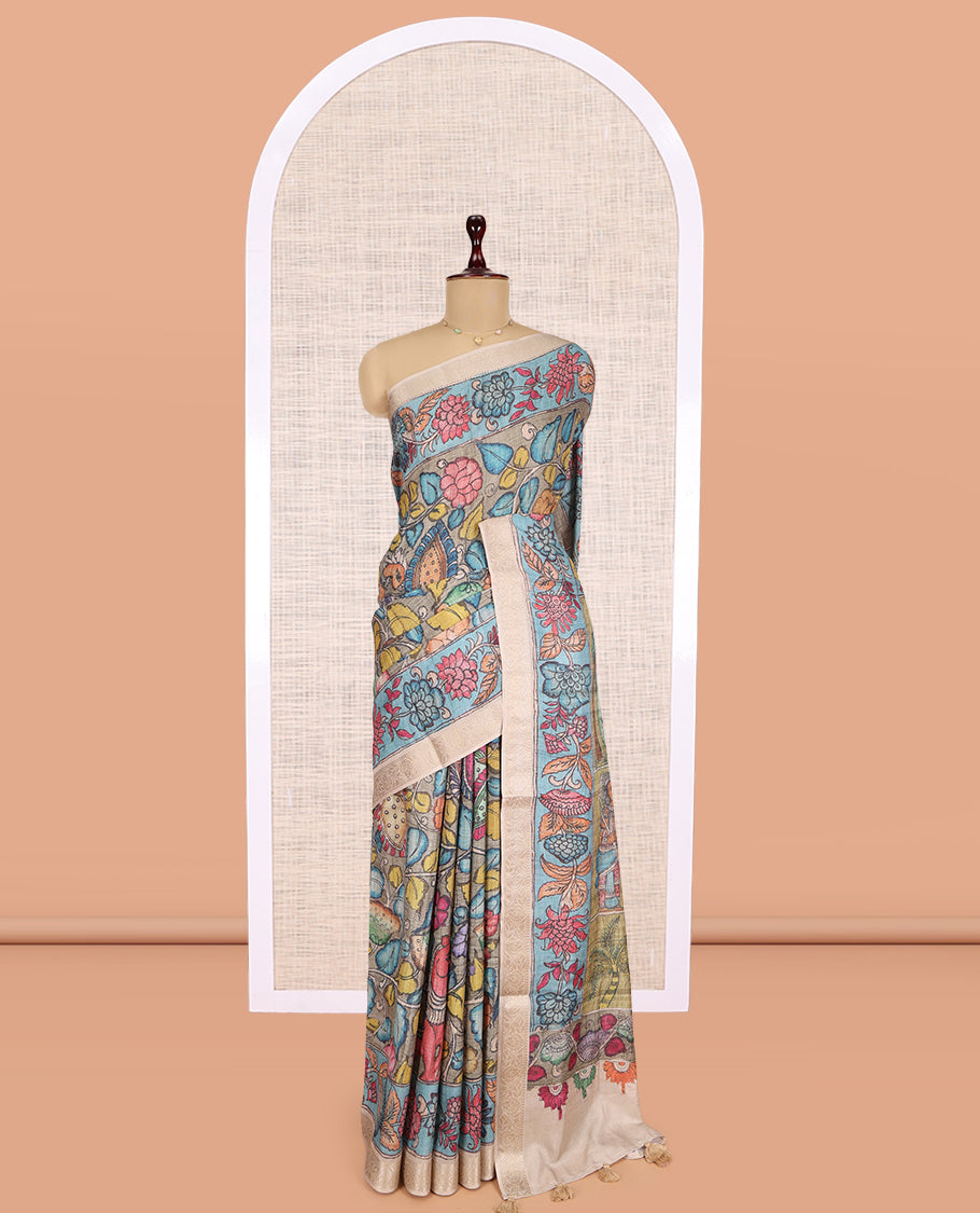 Grey Kalamkari Printed Fancy Tussar Saree