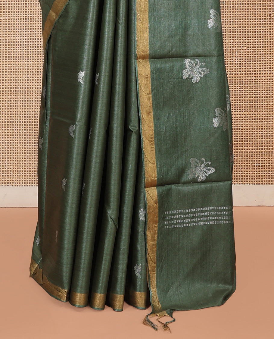 Green Tussar Saree, Detailed with Buttas, a Subtle Zari Border, Pallu of Butterfly Buttas, and a Matching Blouse