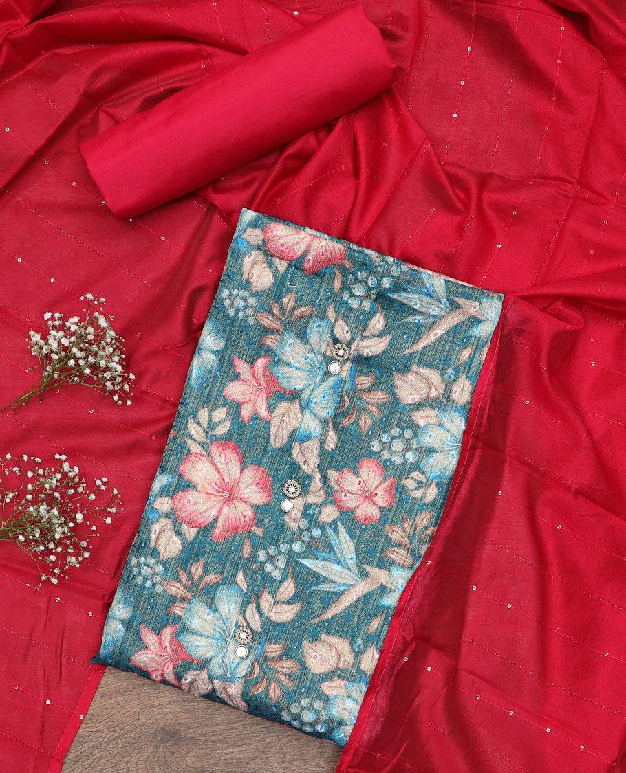 Teal blue material chudidar set, floral printed with thread embroidered top, contrast plain bottom, and sequins striped dupatta