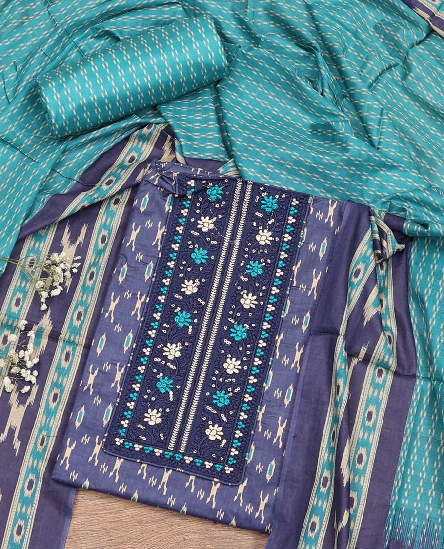 Blue Material Chudidar Set, Elevated with Ikkat-Style Buttas Printed and Neck Embroidery Cotton Top, Complemented by Contrast Printed Cotton Bottom, and Paired with Ikkat-Style Printed Cotton Dupatta