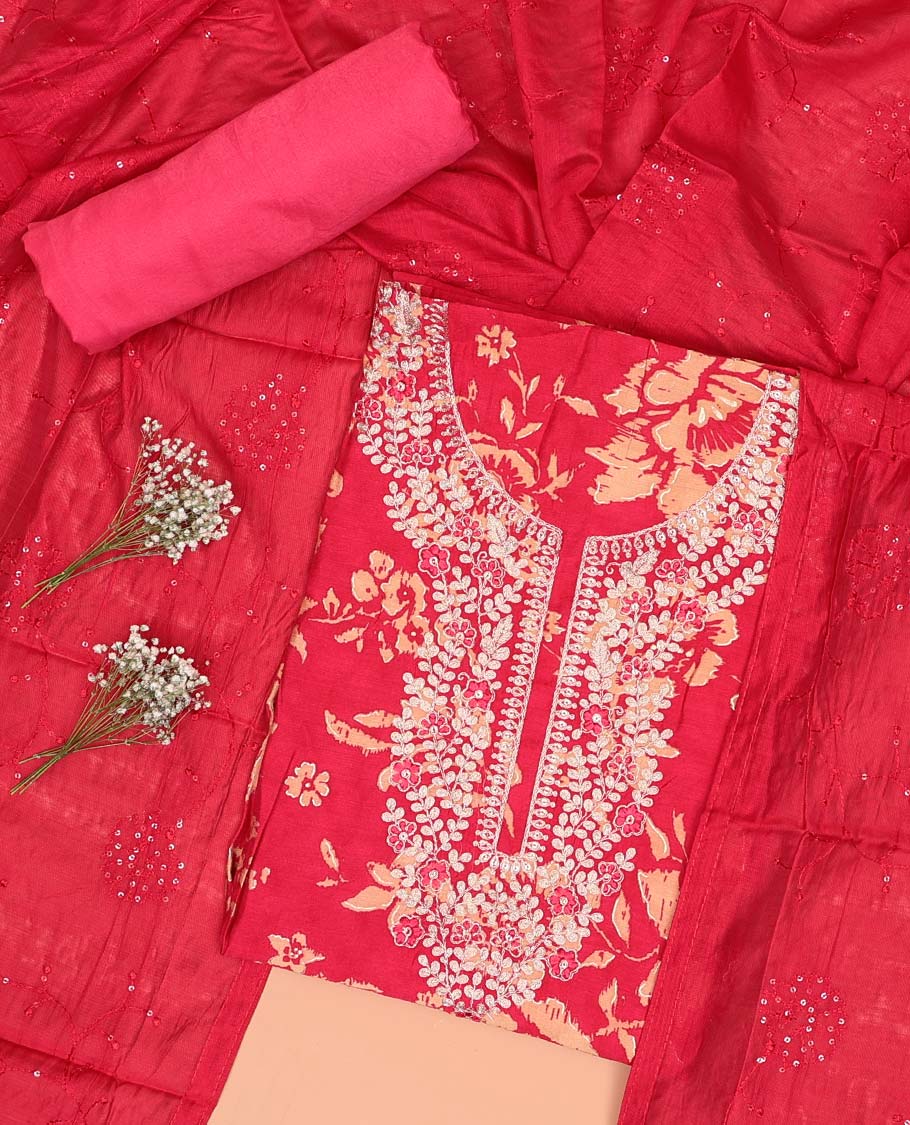 Red floral printed chudidhar material set floral thread embroidered top, plain bottom & sequins embroidered dupatta