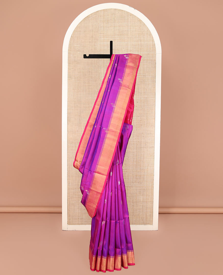 Rani Pink Uppada Silk Saree, Prettified with Zari Buttas All Over Its Body, Complemented by a Contrast Bavanji Border, Pallu Steeped with Zari Buttas, and Paired with a Contrast Blouse