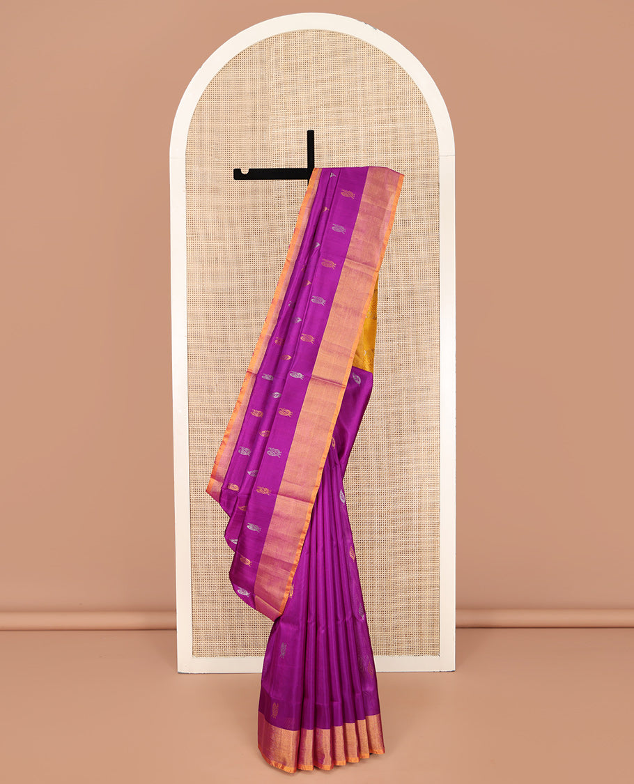 Rani Pink Uppada Silk Saree, Decorated with Zari Buttas All Over Its Body, Complemented by a Contrast Plain Border, Pallu Features Peacock Designs, and Paired with a Contrast Blouse