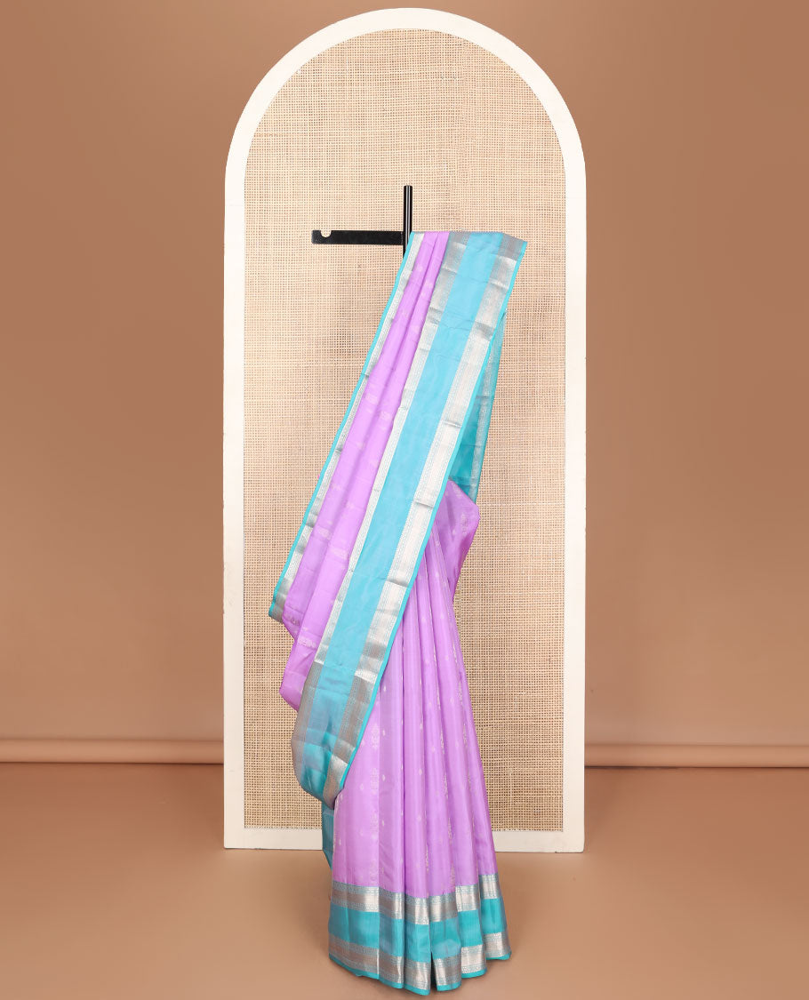Pink zari buttas vasundhara elite silk saree, contrast rettai pettu border of rekku, muthu, diamond & kuyil kann & pallu steeped with kodi visiry designs