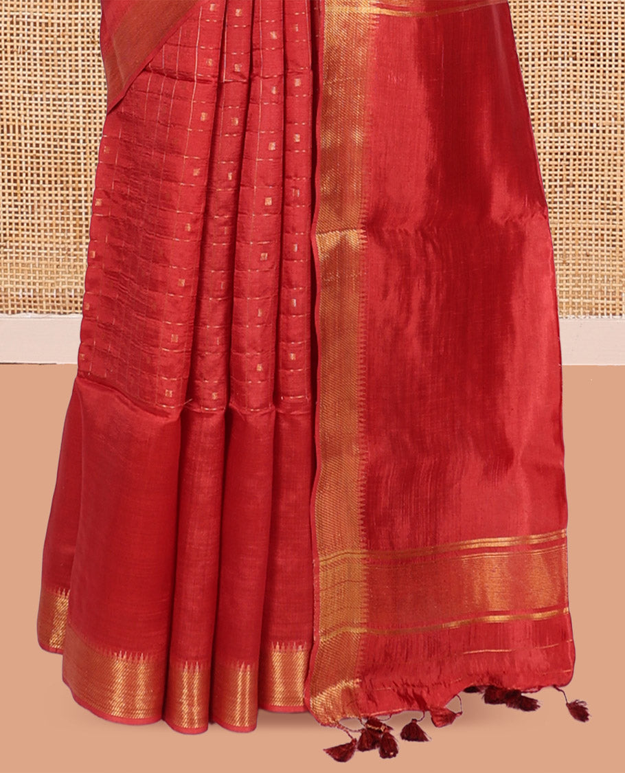 Red Banana Pith Saree, Highlighted with Checks and Buttas, a Zari Temple Border, Striped Pallu, and Matching Blouse