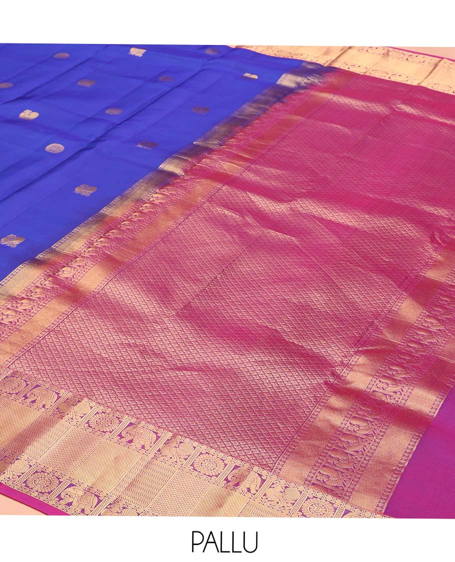 Royal Blue Vasundhara Lite-Silk Mix Saree, Artfully Woven with Annam Chakram Buttas, Complemented by a Contrast Border of Rudraksham, Annam, Chakram, Yaanai, Vanki, and Mayil Kann Designs, Grand Jaal Pallu, and Paired with a Contrast Blouse