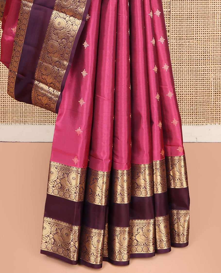 Pink Vasundhara Lite Silk Mix Saree, Bedecked with Zari Buttas, Complemented by a Contrast Rettai Pettu Border of Mayil, and Kamalam Designs, Pallu Pictures the Same Designs, and Paired with a Contrast Blouse