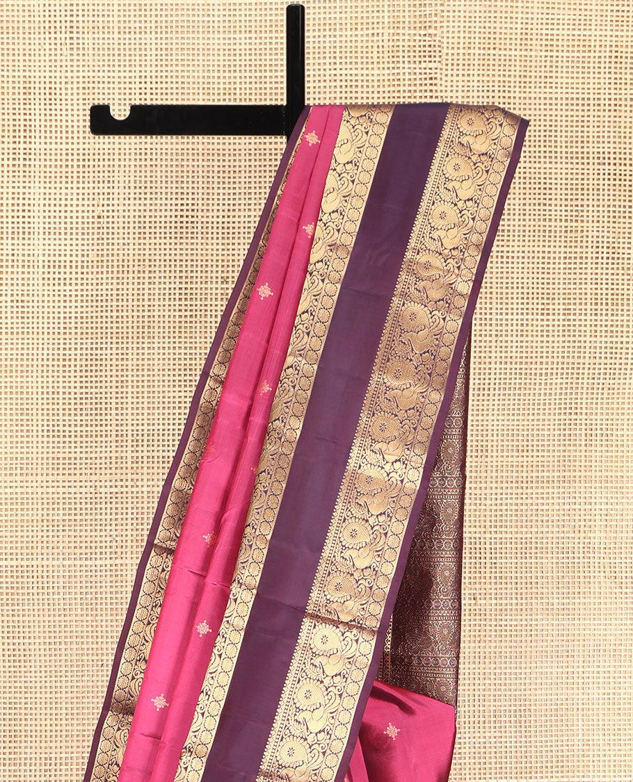 Pink Vasundhara Lite Silk Mix Saree, Bedecked with Zari Buttas, Complemented by a Contrast Rettai Pettu Border of Mayil, and Kamalam Designs, Pallu Pictures the Same Designs, and Paired with a Contrast Blouse
