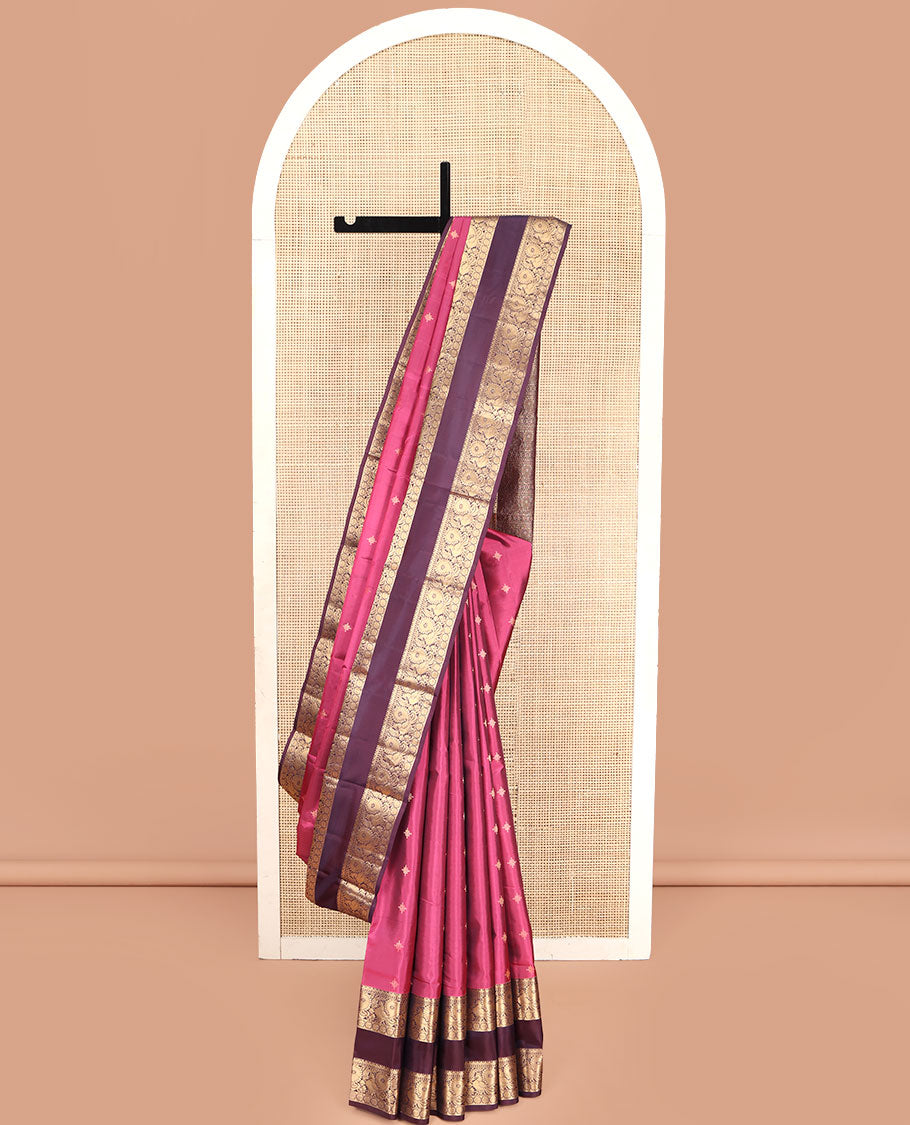 Pink Vasundhara Lite Silk Mix Saree, Bedecked with Zari Buttas, Complemented by a Contrast Rettai Pettu Border of Mayil, and Kamalam Designs, Pallu Pictures the Same Designs, and Paired with a Contrast Blouse