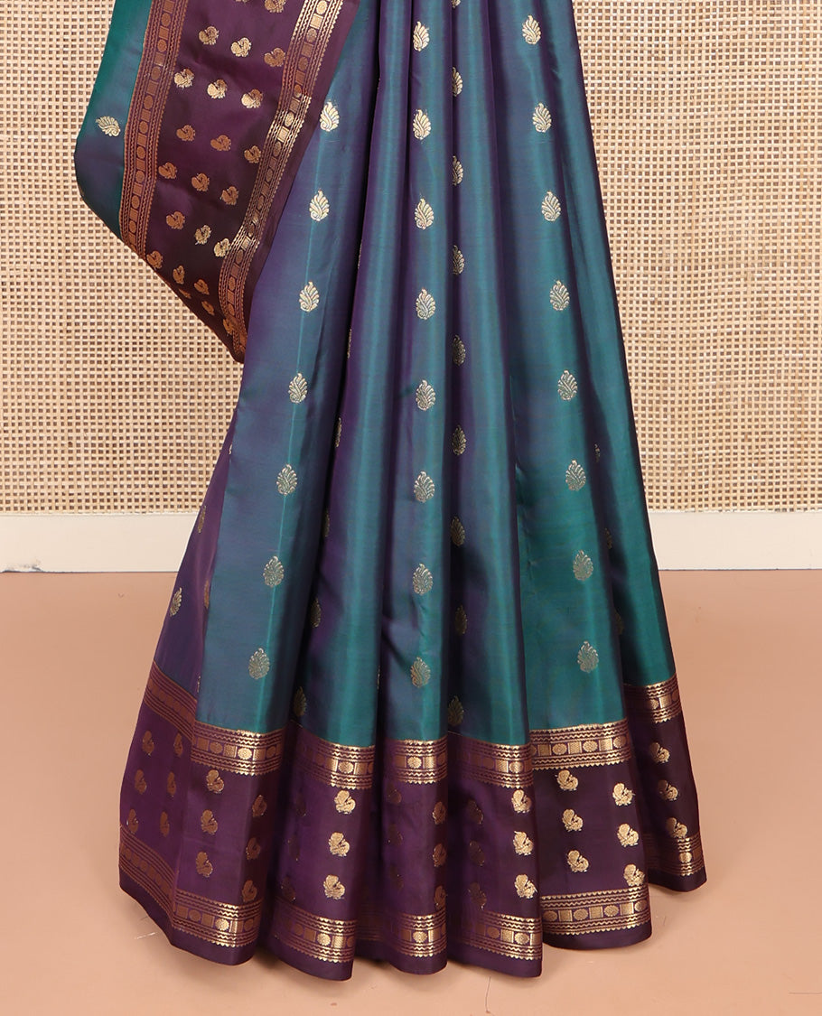 Blue Vasundhara Lite Silk Mix Saree, Accentuated with Zari Buttas on Its Body, Complemented by a Contrast Border of Rekku, Neli, Chakram, and Mayil Designs, Intricately Designed Pallu, and Paired with a Contrast Blouse
