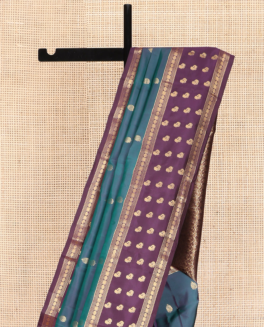 Blue Vasundhara Lite Silk Mix Saree, Accentuated with Zari Buttas on Its Body, Complemented by a Contrast Border of Rekku, Neli, Chakram, and Mayil Designs, Intricately Designed Pallu, and Paired with a Contrast Blouse