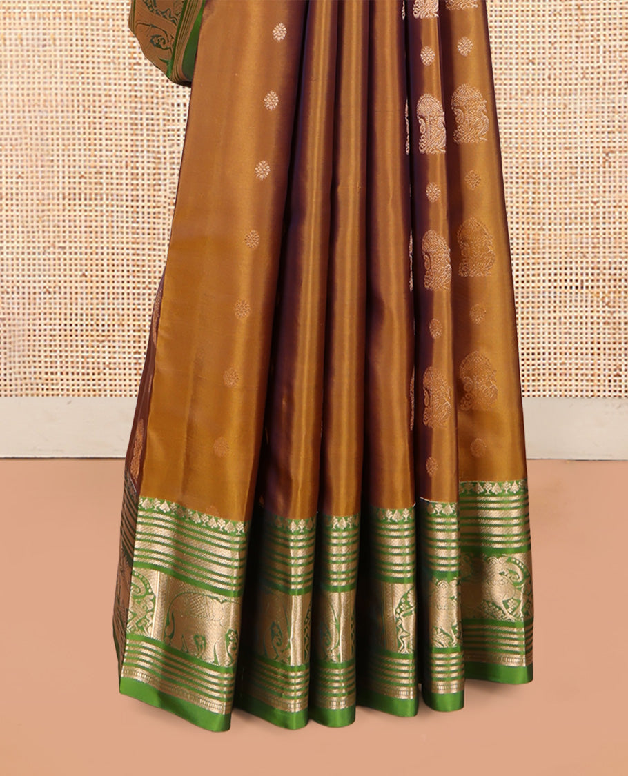 Mustard Zari Buttas Vasundhara Lite Silk Mix Saree, a Contrast Yaali-Yaanai Border, Jaal Pallu, Contrast Blouse